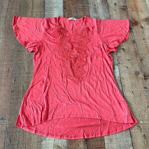 Westport Women's Size Medium Crochet Trim Flutter Sleeve Knit Top in Coral Pink